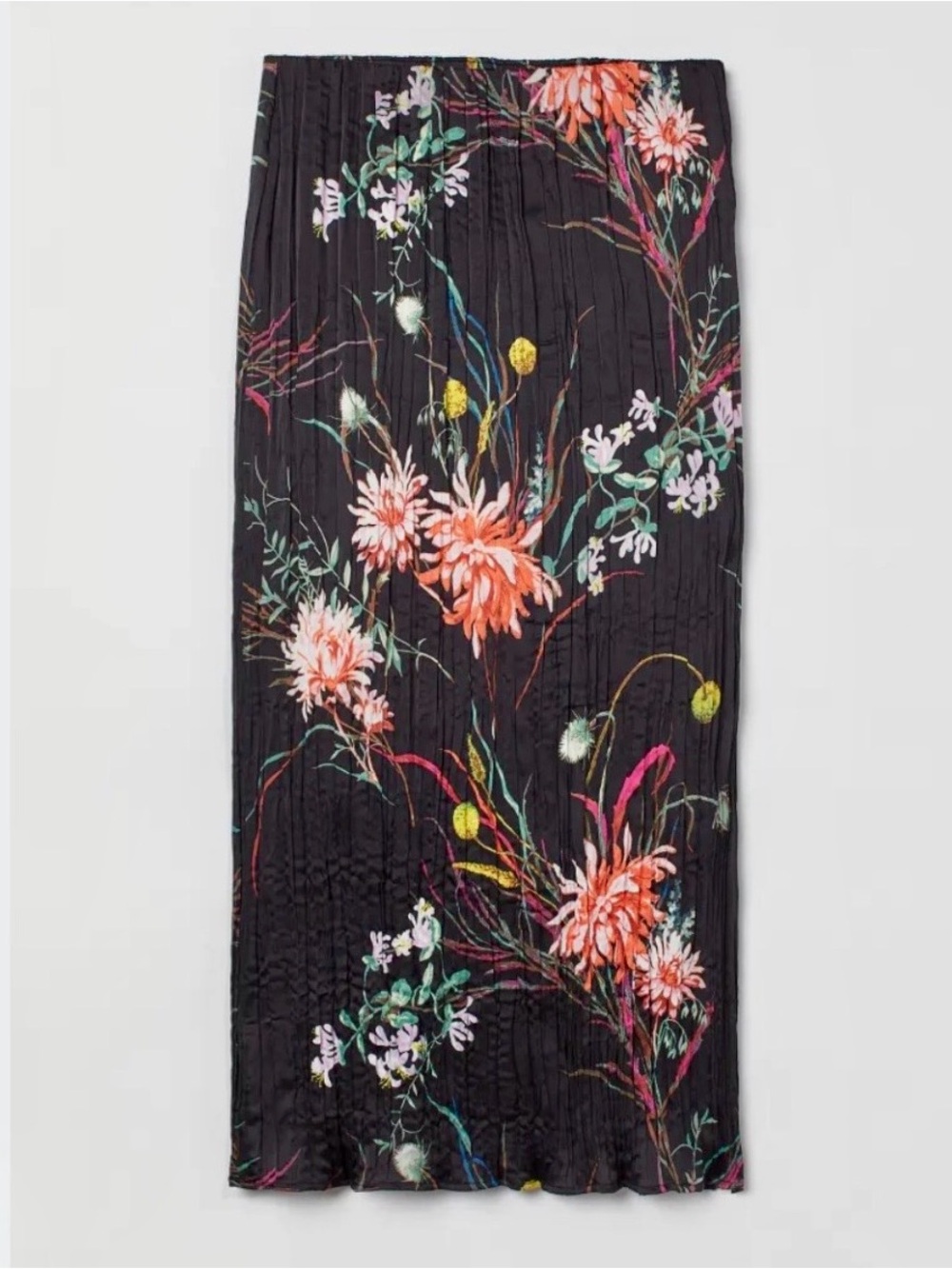 H&M Black Satin Pleated Maxi Skirt with Floral Print Size L